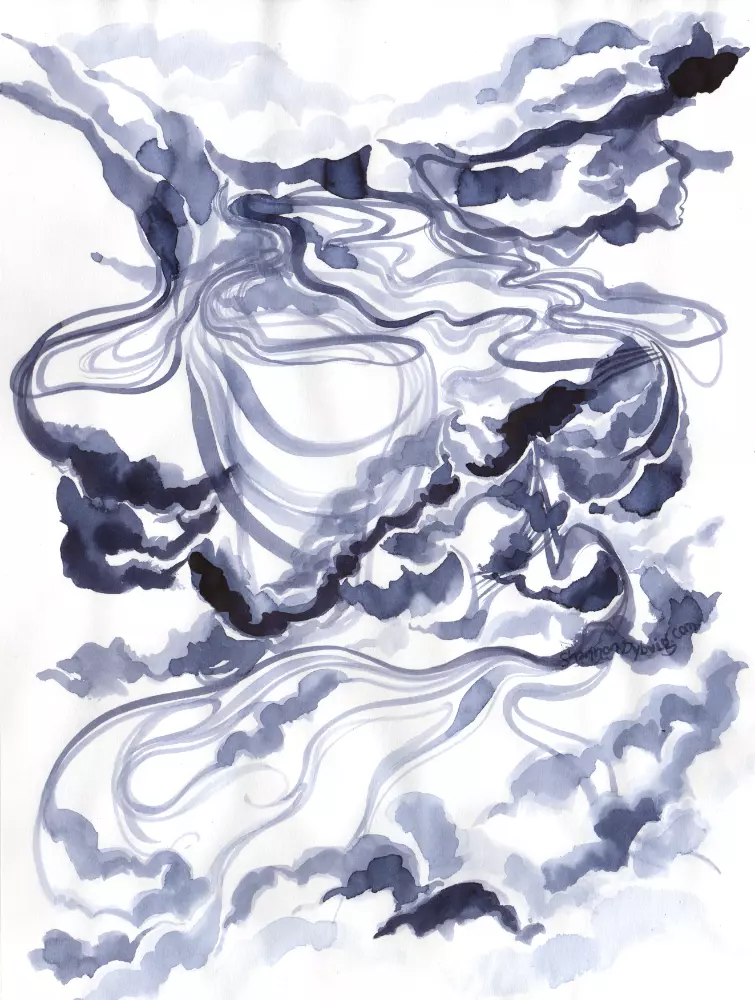 Inkwash drawing in indigo of clouds and fluid, curvilinear lines that imply bodies of water recede towards the horizon.
