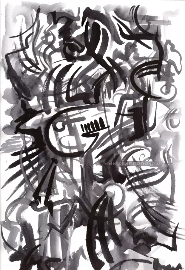 High energy black and white inkwash abstract drawing containing exubert outward pushing lines. Wash fills in the space between, behind, and atop the lines.