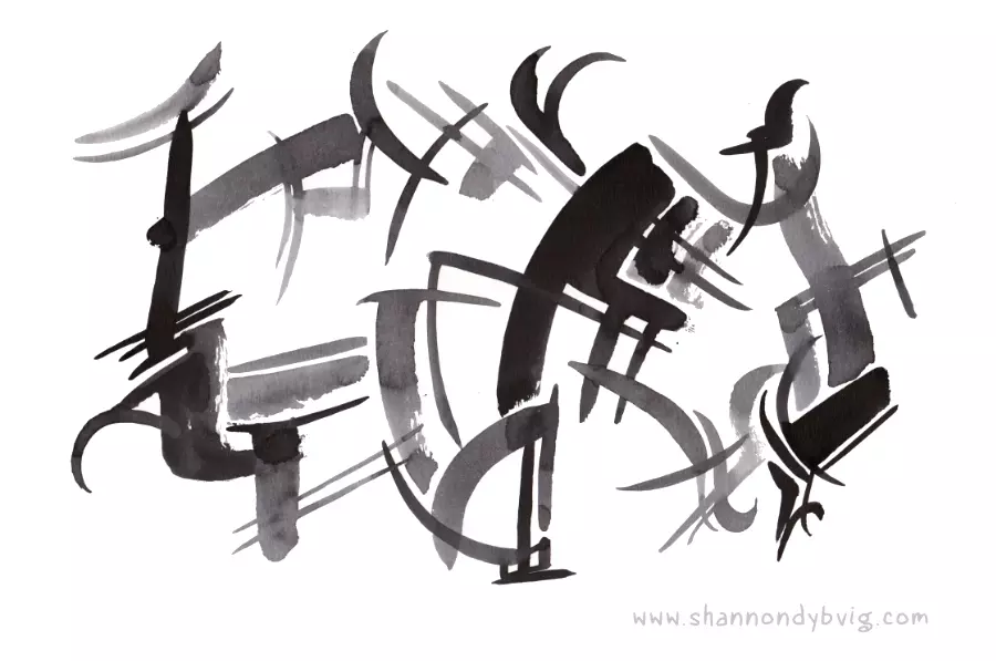 Minimalist inkwash abstract drawing that features a series of arcs and lines, suggesting an interconnected system and a stable, dynamic structure.