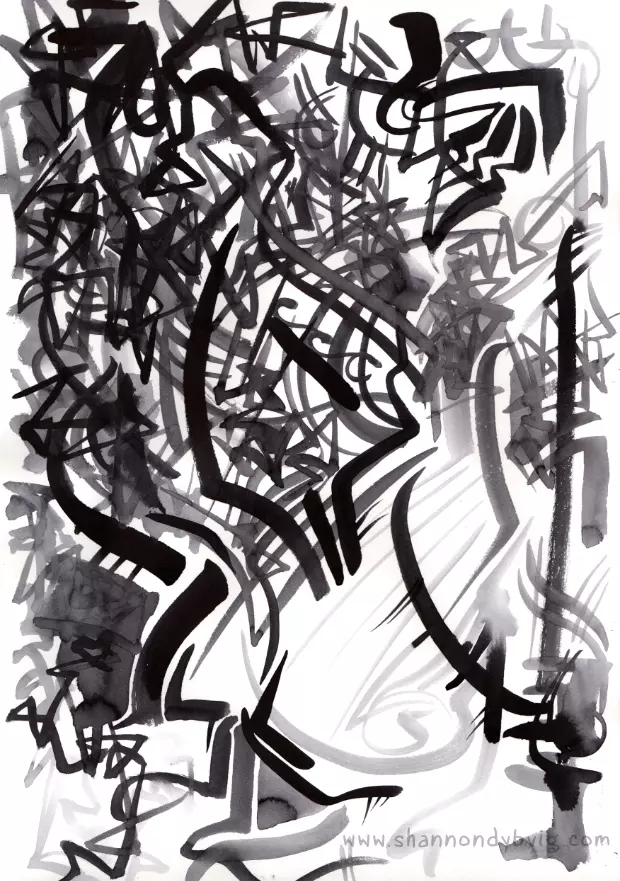 Significant chaotic, angular lines weigh down and push their way into a more calm, but active structure in this abstract black and white inkwash drawing.