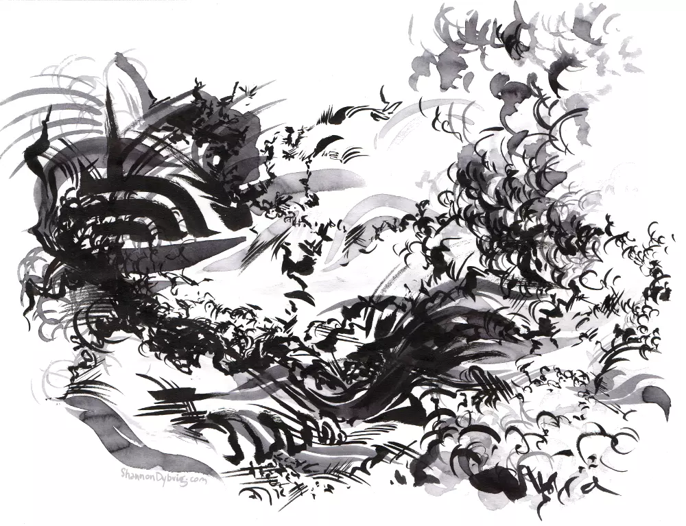 Abstract landscape in inkwash. Rounded and parallel lines fill out plantlife across a hilly landscape, with clouds swooping over.