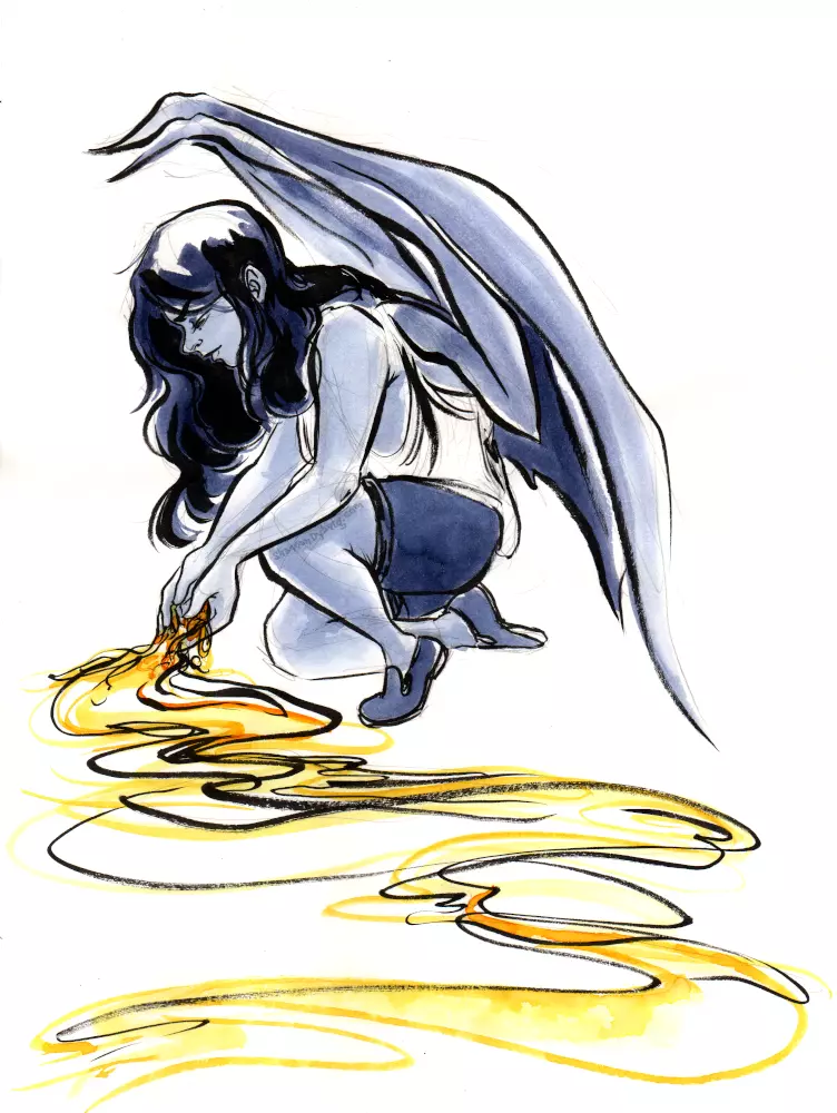 A girl with dragon wings in indigo tones crouches to the ground, releasing and pulling to herself golden-orange energy and feelings.