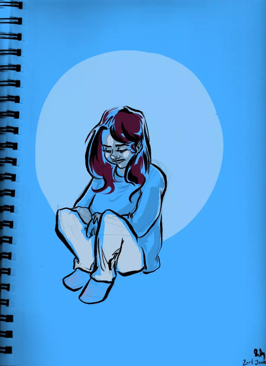 A young woman sits, folded into herself. She stares vacantly at her knees. There is a spotlight on her on the page, which shows the spirals of a sketchbook.