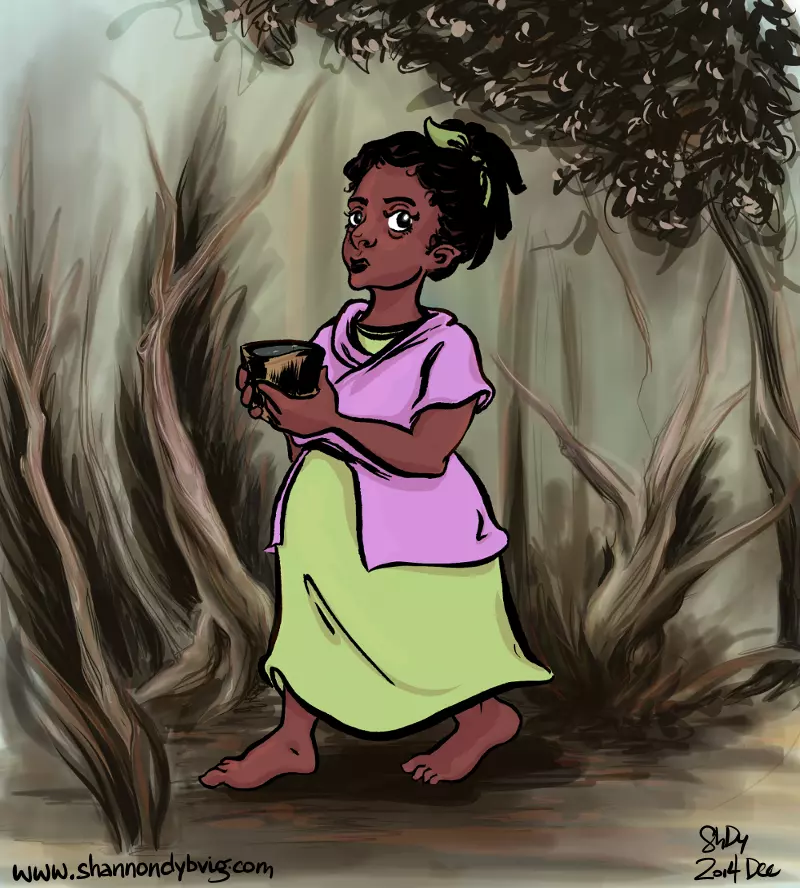 A gnomish woman in a dress and jacket walks through a wooded area with a bucket of water in her hands. Ilse is an herbalist from Mouleau in the comic Keybound.
