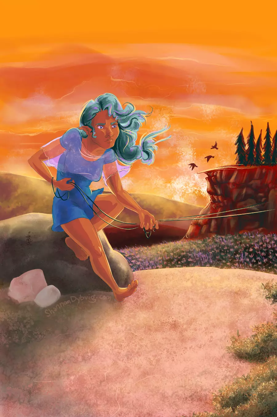 Greta flies a kite against a fiery orange sunset. She has a look of determination on her face, as though she's unaware of the majestic landscape around her.