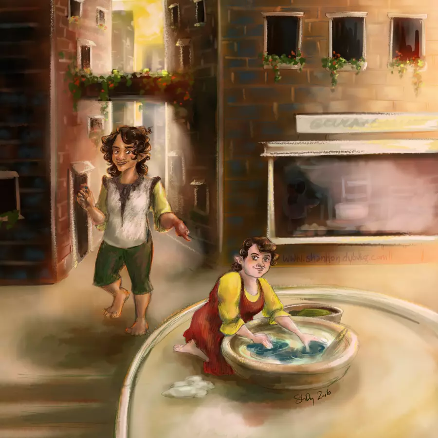 Maurice and Marthe flirt with each other in the streets of Mouleau (a gnomish town of the Keybound world). Marthe washes garments in a basin as Maurice jokes.