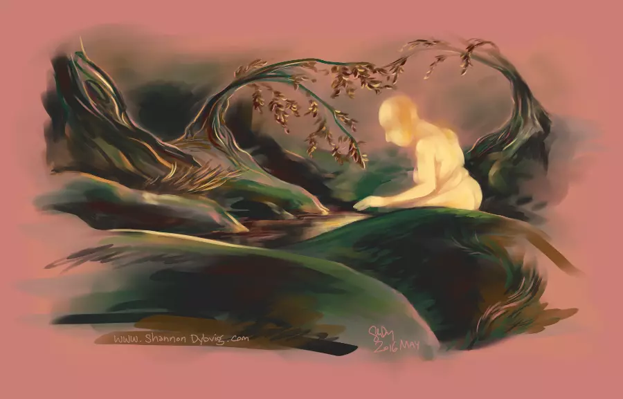 A golden ethereal woman bows her head towards a small pond in a swampy glade. The water and trees reflect her golden glow in the low, rosy light of morning.