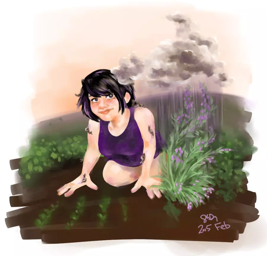 A young witch with lush black and purple hair tends to the Earth. Snails crawl all over her, leaving the flowers alone while she waters them with a cloud.
