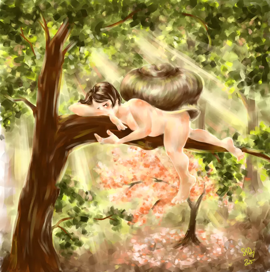 A nude woman with a snail shell drapes herself atop a large branch in a tree lush with deep green leaves. Sunlight filters down to a flowering tree below.