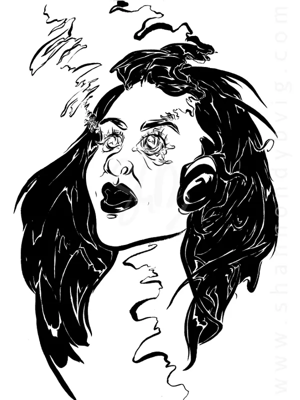 A woman has hazy lines flowing out of her eyes and through her neck as she experiences sensory overload from visual and audio input. Black and white ink drawing.
