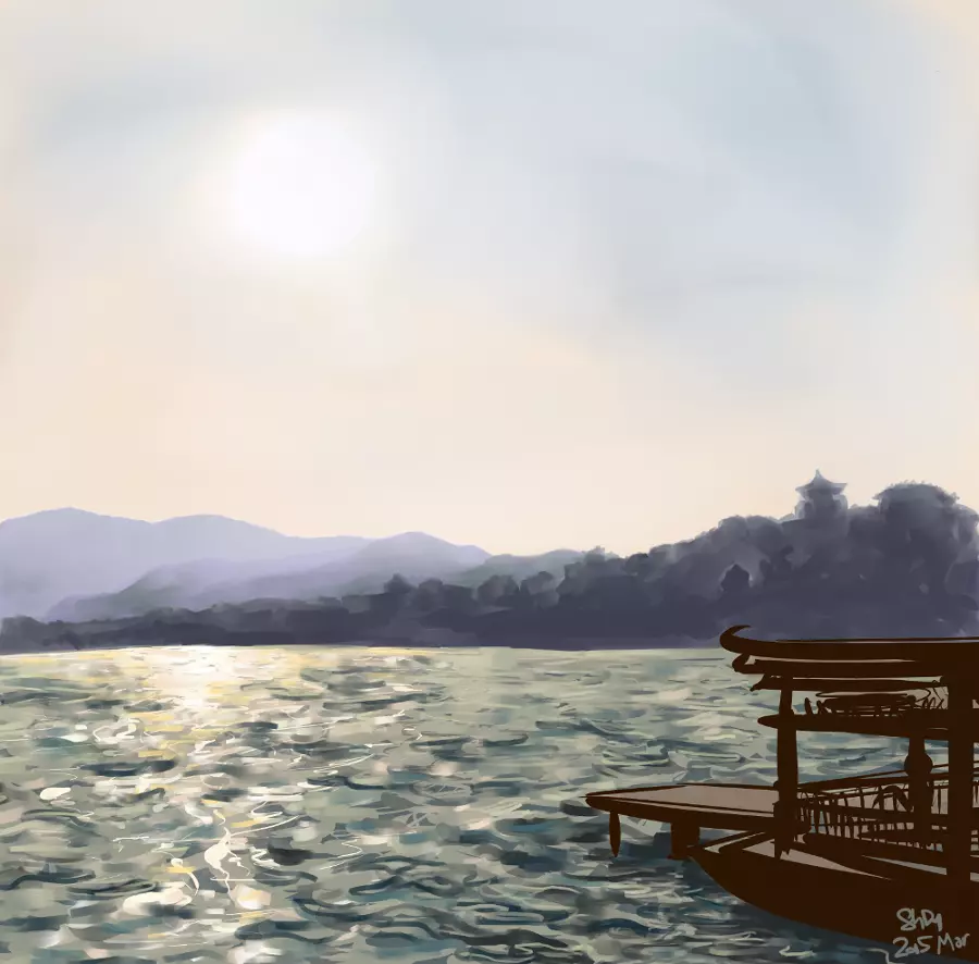 A digital painting of the sun low over a lake at the Summer Palace in Beijing. There is a dock on the near shore and purple mountains on the far shore.