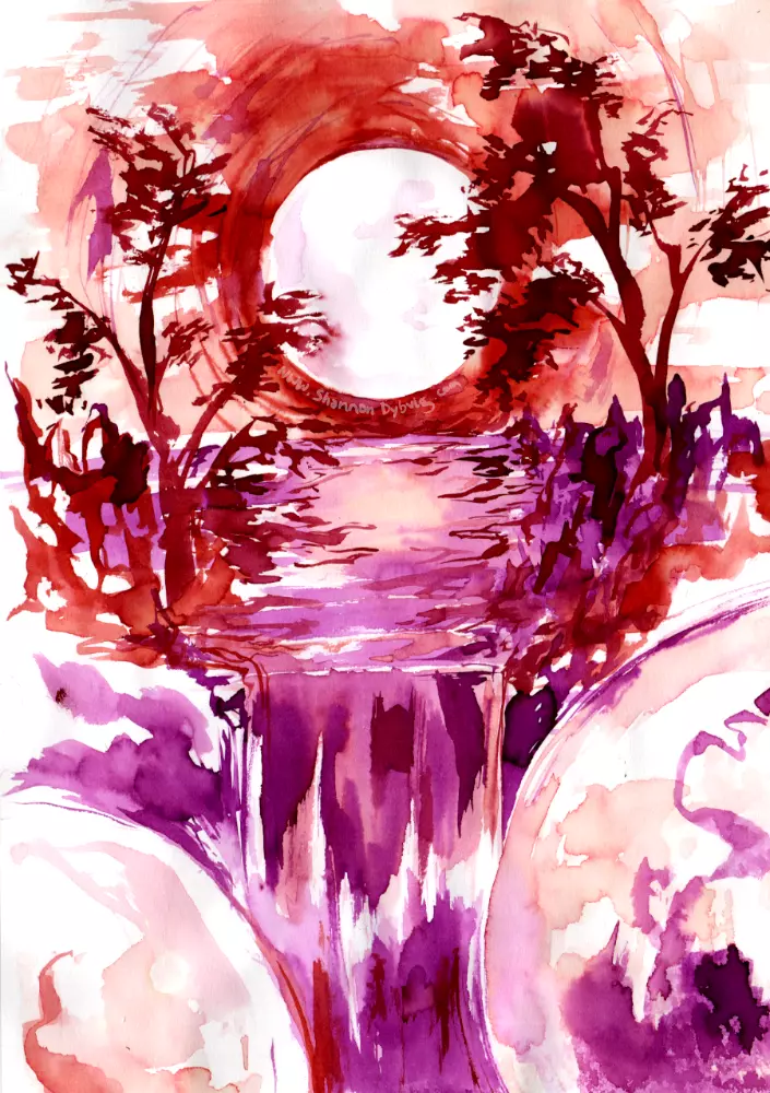 Vivid color ink drawing of the moon over a body of water, framed by trees and two moons below framing the waterfall. Inspired by the moon card in the Tarot.