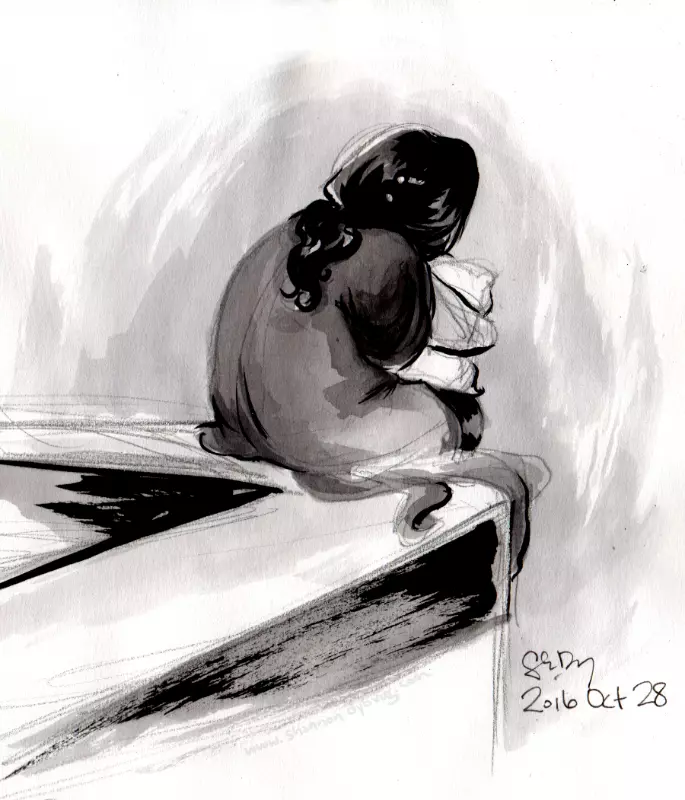 Ink drawing of a woman who sits alone on the corner of a concrete wall. She is crouched over, clutching a pillow to her body, the darkness quiet around her.